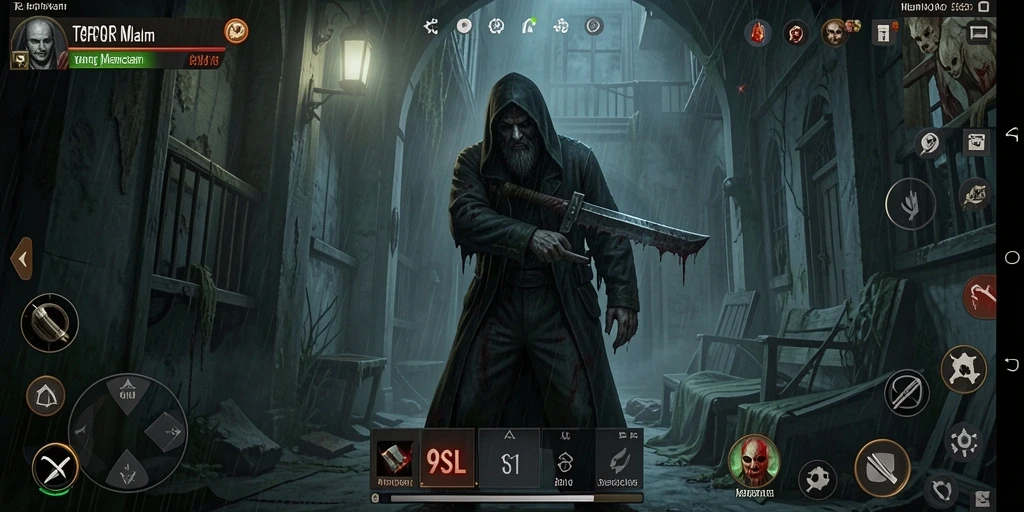 Tampilan gameplay mencekam dengan suasana yang gelap dan menyeramkan.