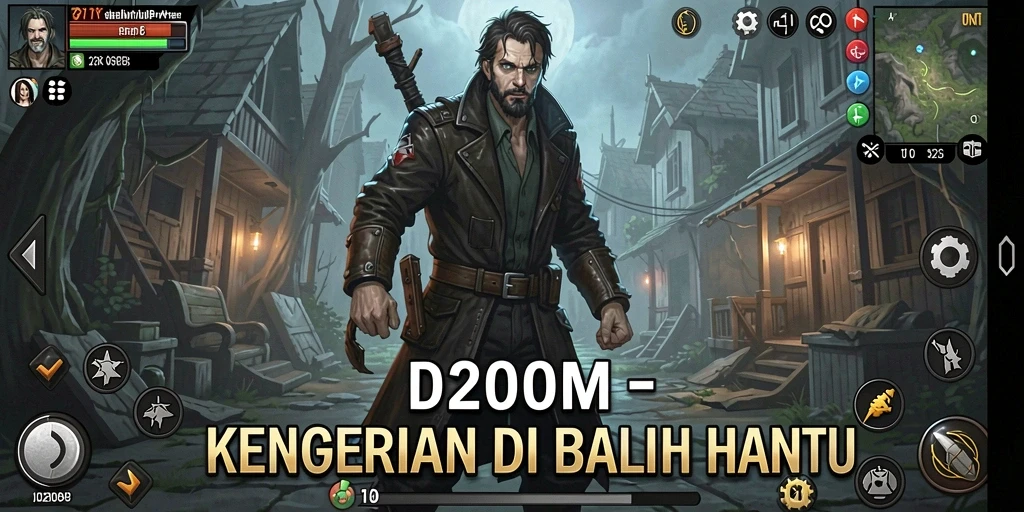 Screenshot utama D200M menampilkan gameplay horor yang mencekam.