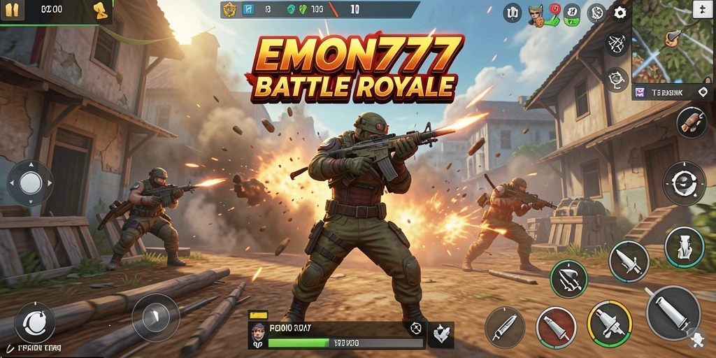 Tangkapan layar utama EMON777 menunjukkan gameplay seru Battle Royale.