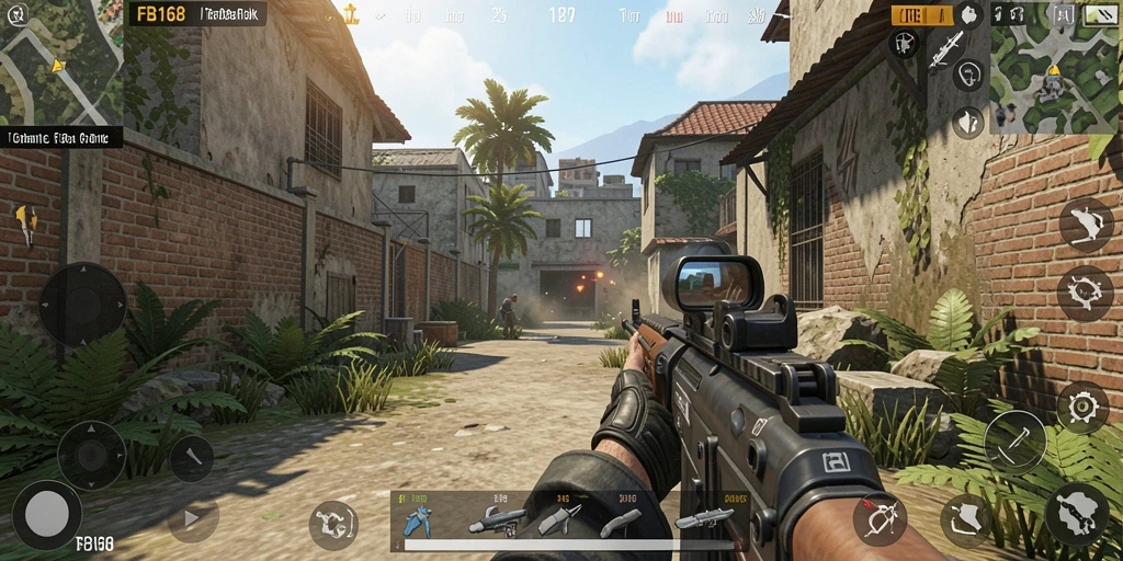 Tampilan gameplay FB168 dengan aksi menegangkan di arena FPS.