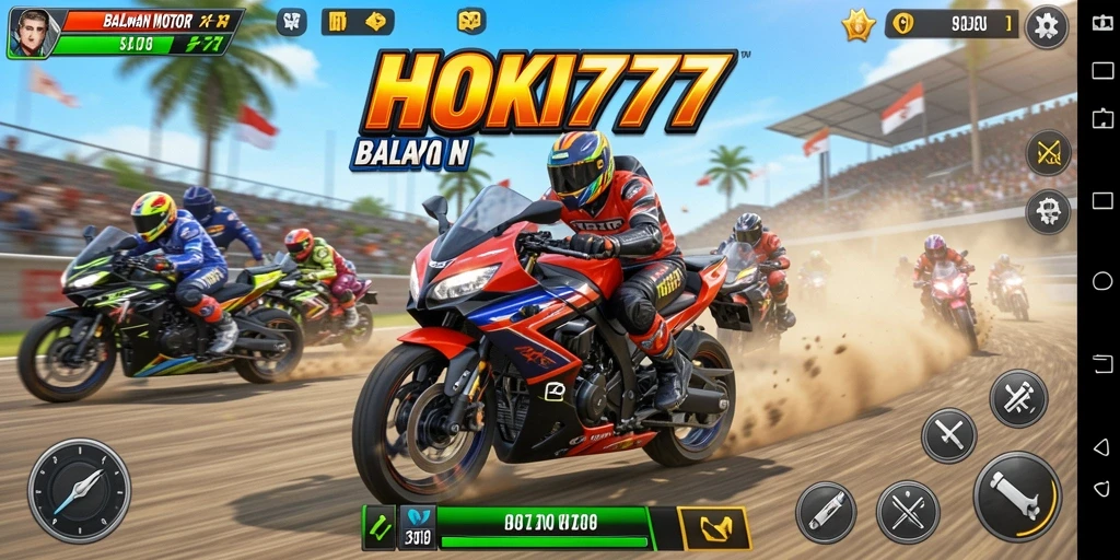 Tampilan gameplay HOKI777 yang mendebarkan di lintasan balapan motor.