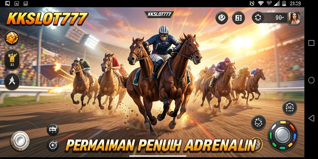 Tampilan gameplay KKSLOT777 dengan mobil balap yang melaju cepat.