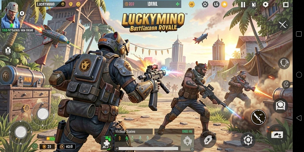 Screenshot LUCKYMINO menampilkan aksi pertempuran intens dalam arena Battle Royale.