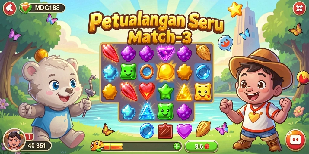 Tampilan gameplay MDG188 yang seru dalam pertandingan Match-3.