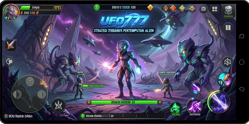 Screenshot gameplay yang menunjukkan strategi pertempuran alien.